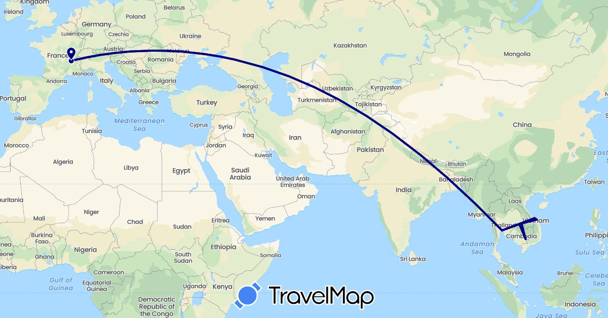 TravelMap itinerary: driving in France, Cambodia, Thailand, Vietnam (Asia, Europe)